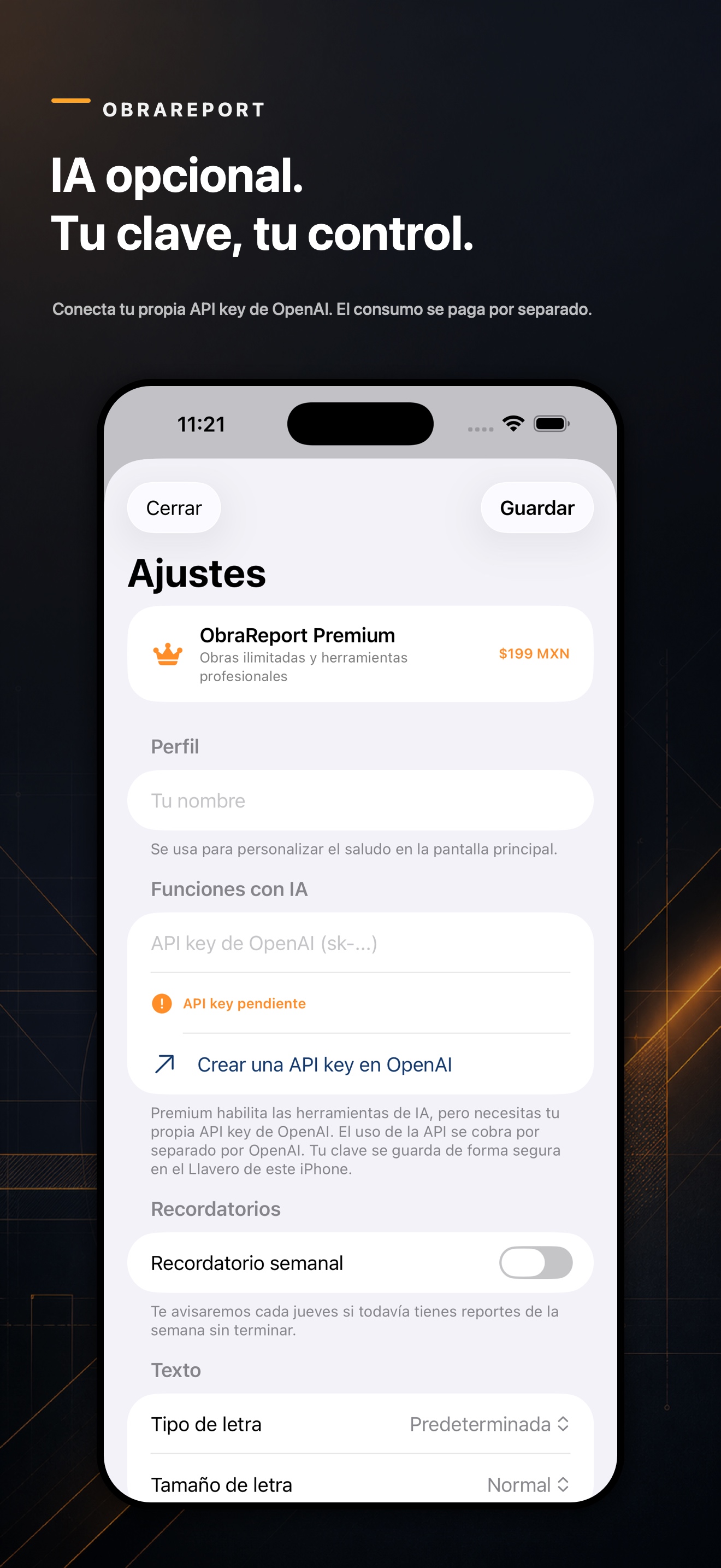 Configuración de API key propia de OpenAI en ObraReport
