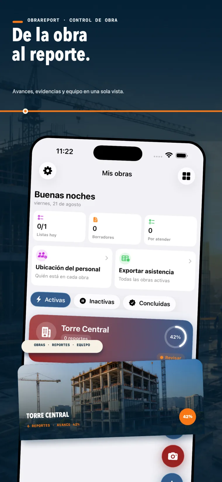 Portafolio de obras y ubicación del personal en ObraReport