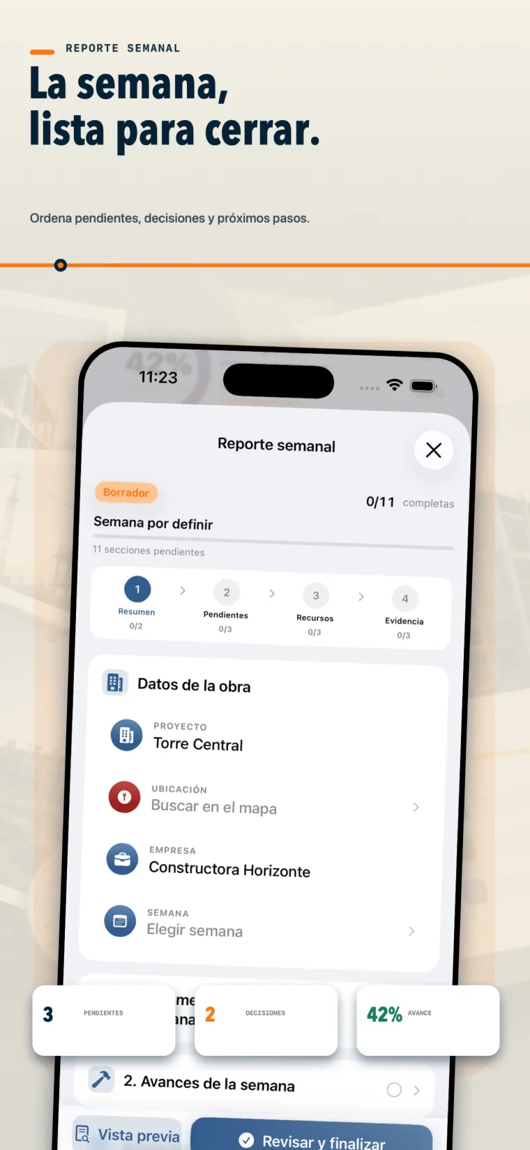 Reporte semanal de obra organizado en ObraReport